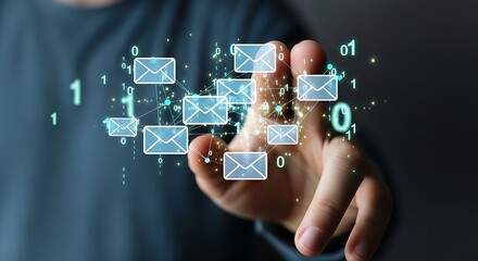 Person's finger touching a network of glowing email icons and binary code digital