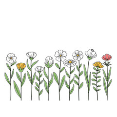 Hand-Drawn Floral Border with Various Flower Types.