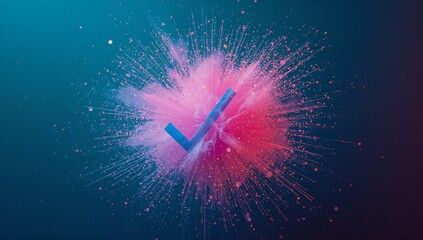 Radiating blue check mark symbol glowing in 3D render, with colored powder particles, light streaks