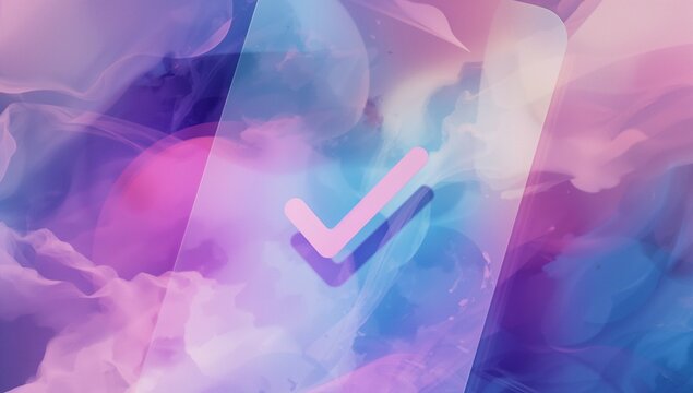 Floating pastel check icon hovering in translucent overlay on digital art with swirling gradients