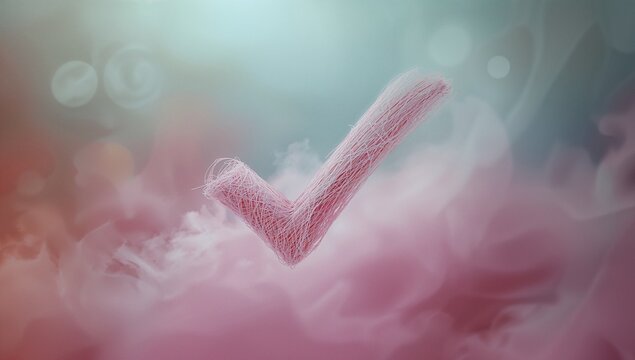 Floating filament pink checkmark hovering above misty clouds on gradient with diffuse light orbs