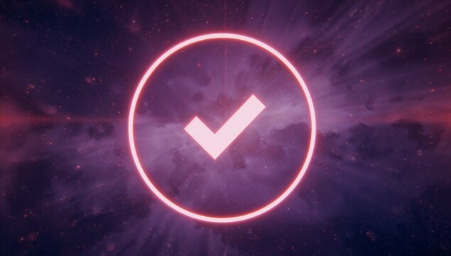 Floating neon checkmark enclosed in neon ring hovering against purple nebula, with star speckles - Powered by Adobe