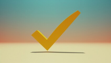 Displaying 3D yellow checkmark hovering above floor with gradient backdrop, casting sharp shadow