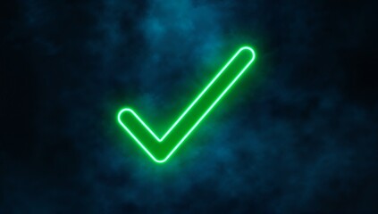 Emitting neon green check mark tube glowing against smoky blue-black digital scene, with neon glow
