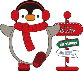 빨간 귀마개와 목도리를 한 아기 펭귄