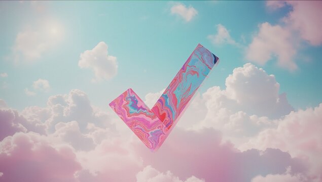 Floating 3D checkmark with pastel marble swirls among soft pastel clouds under bright blue sky