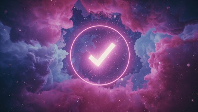Floating neon pink outline enclosing illuminated check mark amid swirling cosmic rose purple nebula