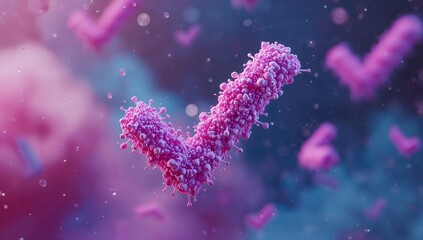 Floating central check-mark cluster moving in molecular view with pink clusters and bokeh spheres