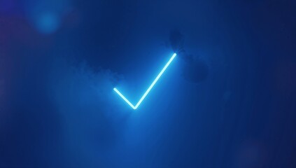 Floating neon check mark glowing against stylized dark smoky background, with subtle light haze