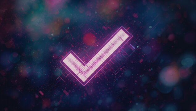 Neon check mark hovering in virtual interface, with circuit edge, pixel particles and bokeh lights