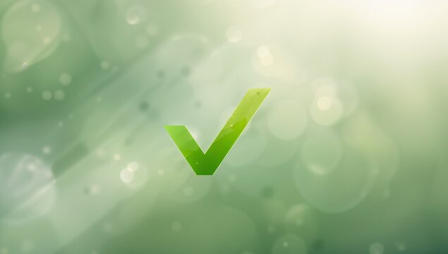Glowing green check mark symbol shining on abstract green gradient background, with bokeh lighting