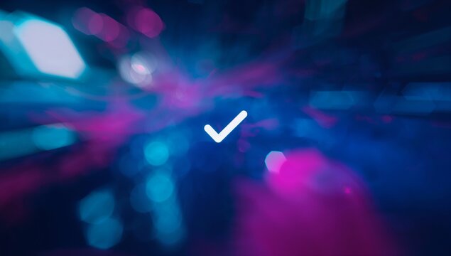 Floating white checkmark icon glowing in digital abstract space with neon blue pink light streaks