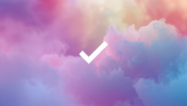 Hovering white check mark symbol over pastel cloud graphic, with colorful gradient hues - Powered by Adobe