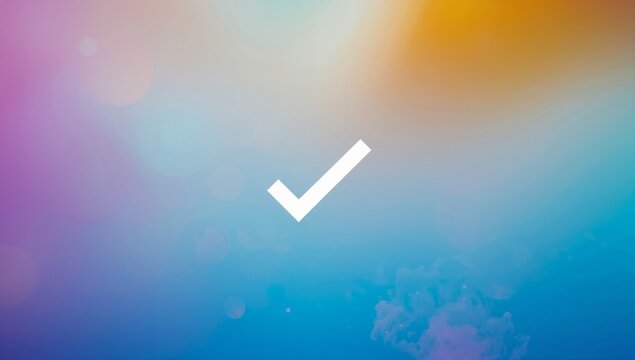 Floating white check mark glowing against vibrant gradient background, with bokeh light effects - Powered by Adobe