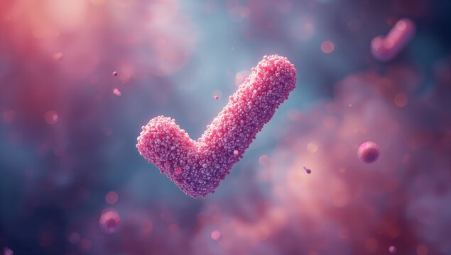 Floating pink sphere checkmark drifting in soft hazy particle field, with scattered fragments