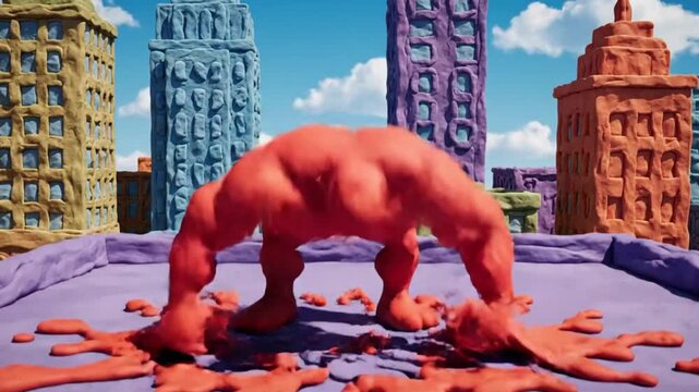 Plasticine character performing an incredible jump between two rooftops and flattening on landing