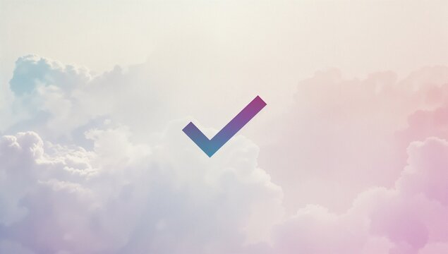 Hovering gradient check mark icon glowing over pastel sky, with fluffy pink and lavender clouds - Powered by Adobe