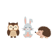 Fototapeta premium Cute Cartoon Owl, Rabbit, and Hedgehog Illustration.