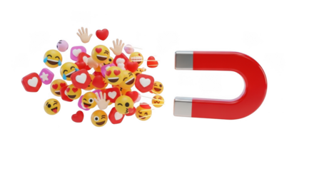 Red horseshoe magnet attracting a vibrant cluster of happy smileys and hearts