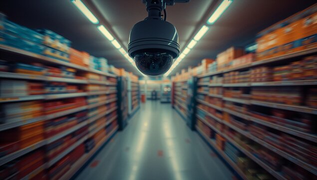Recording supermarket aisle by surveillance dome camera, with floor markers and metal shelves - Powered by Adobe