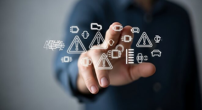 Person's hand reaching out and touching various warning and technology icons floating in the air - Powered by Adobe