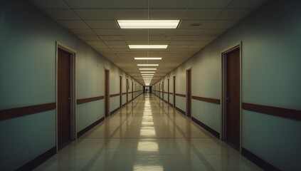 Showing central office corridor, with wooden doors and handrails, tile floor and fluorescent lights