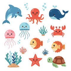 Cartoon Sea Creatures - Dolphin, Octopus, Whale, Jellyfish, Crab, Fish, Starfish, Turtle.