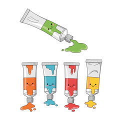 Colorful Paint Tubes with Smiling Faces and Dripping Paint.