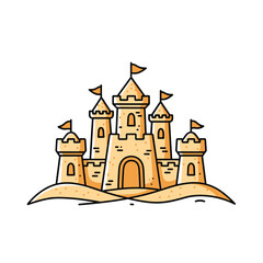 Detailed Sandcastle Illustration with Flags and Arched Entrance.