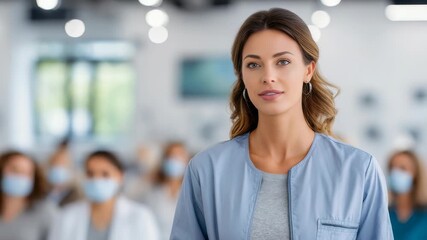 A poised woman in medical attire is the focal point, symbolizing trust and competence in healthcare. The background features a group of masked professionals, highlighting teamwork and safety