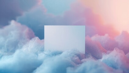 Hovering blank white rectangular panel glowing above billowy foam clouds, soft pastel cloudscape