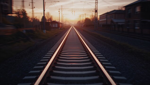 Stretching rails on ballasted ties under power lines at sunset with utility pole and stations