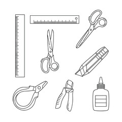 Crafting Tools Line Art - Scissors, Ruler, Cutter, Pliers, and Glue.