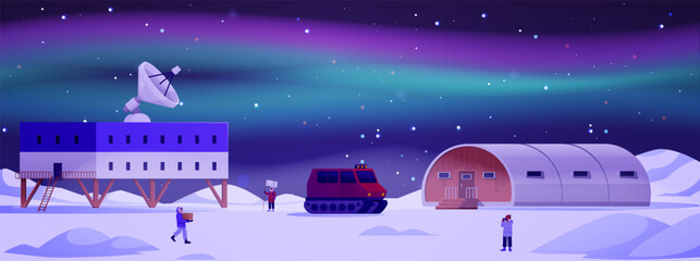 Obraz premium Polar expedition station on North Pole at night northern lights, vector flat Arctic landscape with buildings, vehicles