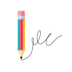 Colorful Pencil Drawing a Looping Line on White Background.