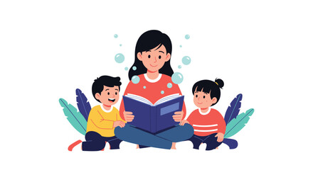 Mother Reading Book to Children, Story Time and Education.