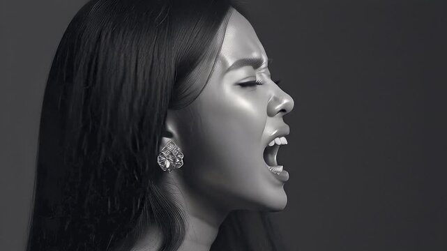 Angry young asian woman fiercely yelling in profile. Bold black and white portrait capturing the intense moment of a girl expressing wrath, baring her teeth