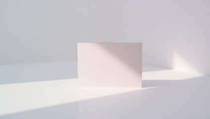 Displaying blank folded card on white tabletop under soft shadows, with intersecting white walls