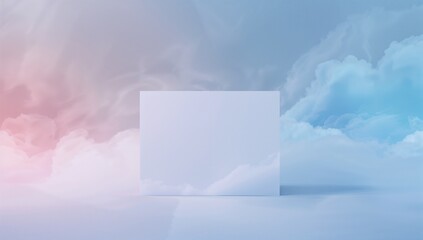 Standing white rectangular panel reflecting on floor in digital studio, with pastel cloud backdrop