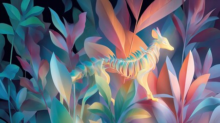 Ethereal dragon like creature with translucent skeleton stands amidst vibrant abstract foliage in pastel hues