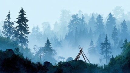 Silhouetted coniferous forest with mist and a teepee structure on a hill