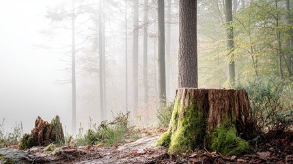 Moss covered tree stump in a foggy forest with tall trees and fallen leaves on the ground