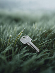 Lost key in dewkissed grass. Symbolic of lost opportunities, finding solutions, security, or new beginnings. Evokes mystery and discovery. Great for finance, real estate, or security concepts.