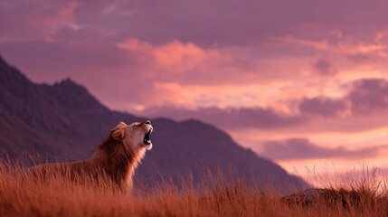 Majestic male lion roars during a vibrant pink and purple sunset over grassy plains and distant mountains