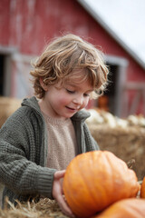Fototapeta premium A young boy with curly hair carefully examines a pumpkin at a farm. Symbolizes autumn, harvest, and childhood wonder. Ideal for seasonal campaigns, familyoriented content, and rural life themes.