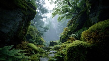 Lush green moss covered rocks and dense foliage form a mystical path leading through a misty ancient forest