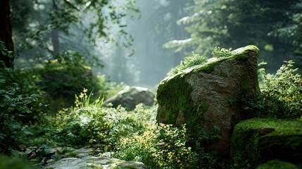Sunlight filtering through lush green forest foliage illuminating moss covered rocks and vibrant undergrowth with a soft misty atmosphere