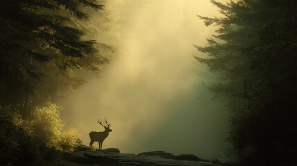 Majestic stag stands on rocks in a misty forest bathed in golden morning sunlight