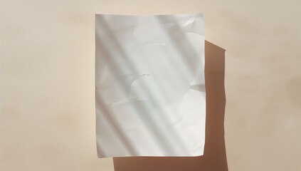 Displaying white crumpled paper sheet casting diagonal striped shadows on beige wall, soft textures