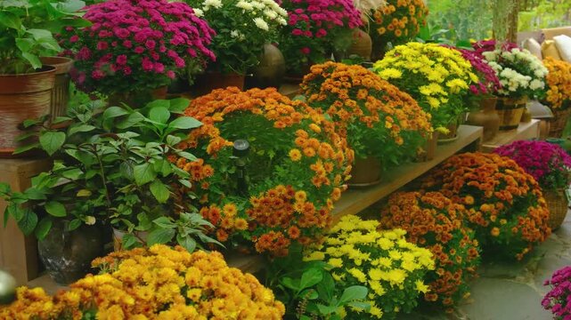 Arrangement of potted chrysanthemum flowers in vibrant colors, displaying autumnal beauty.